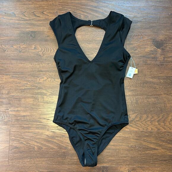 Kona Sol Black Swim Cap Sleeve One Piece S Ribbed V-neck Keyhole Back Beach - Picture 2 of 9